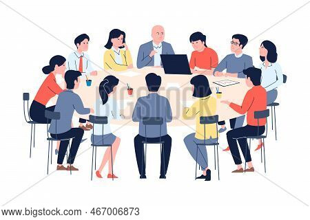 Business Discussing At Table. Company Discussion, Round Desk Congress Conference. Student Meetings, 