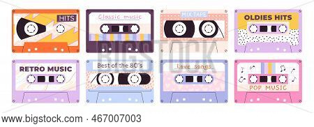 Retro Style Audio Tapes. Isolated Mixtape, Stereo Devices Cassetes Cartoon Style. 90s 80s Music Play