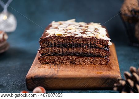 Traditional Polish Dessert Piernik, Pryanik Or Sponge Cake With Spices And Honey. Rectangular Piece 