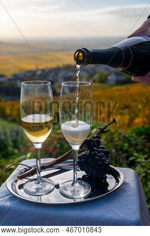 Tasting Of Premier Cru Sparkling White Wine With Bubbles Champagne On Outdoor Terrace With View On C