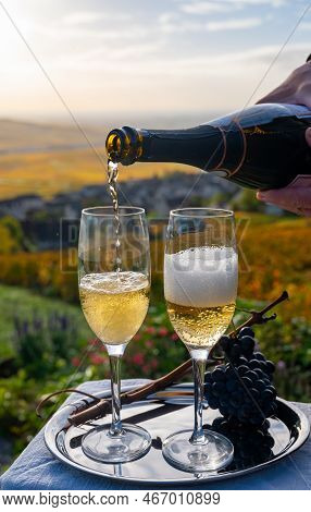 Tasting Of Premier Cru Sparkling White Wine With Bubbles Champagne On Outdoor Terrace With View On C