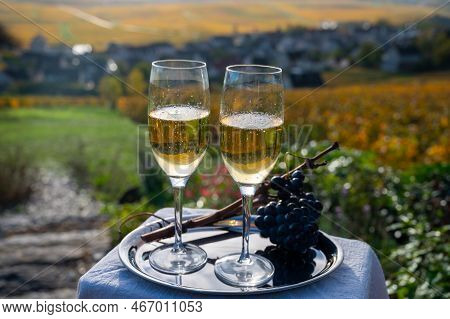 Tasting Of Premier Cru Sparkling White Wine With Bubbles Champagne On Outdoor Terrace With View On C