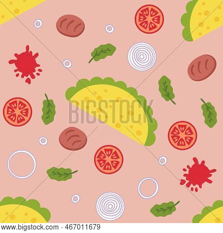 Carne Asada Mexican Fastfood Taco Seamless Pattern. Perfect Print For Tee, Paper, Textile And Fabric