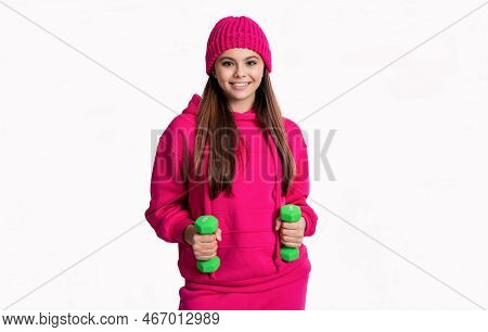 Cheerful Teen Girl Training With Fitness Barbells In Studio.