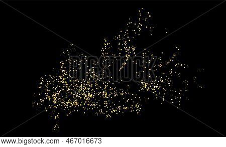 Background Plume Golden Abstract Grainy Texture, Crumbs Isolated On Black. Gold Dust. Sand Particles