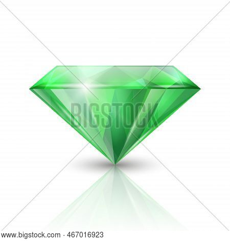 Vector 3d Realistic Green Transparent Triangular Glowing Gemstone, Diamond, Crystal, Rhinestone Clos