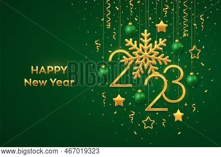 Happy New 2023 Year. Hanging Golden Metallic Numbers 2023 With Shining Snowflake And Confetti On Gre