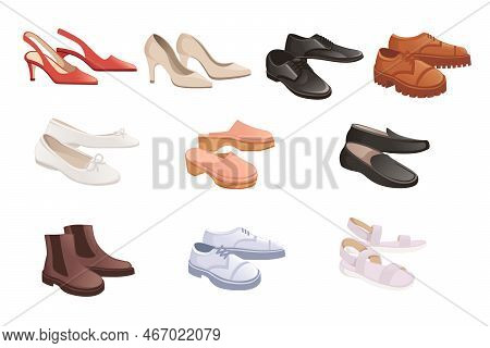 Set Of Modern Fashionable Female Shoes With Low And High Heel Glamour Footwear Vector Illustration I