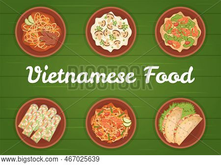 Vietnamese Food Restaurant Menu With Collection Of Various Delicious Cuisine Dishes In Flat Style Ca