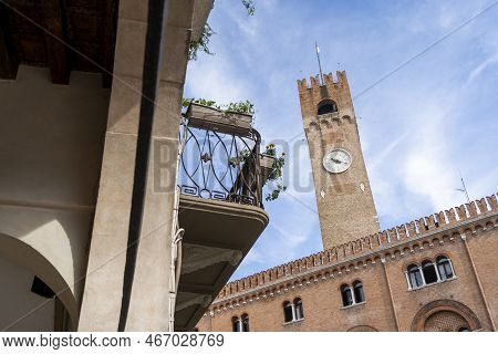 Watch Tower In The City Center Of Treviso, Italy. Beautiful Piazza Dei Signori Is The Palazzo Dei Tr