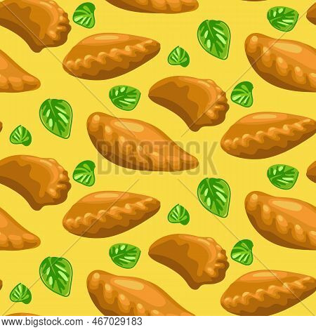 A Pattern Of Falling Empanada Pies And Origano Leaves. All On A Yellow Background. Suitable For Prin