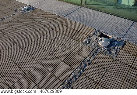 Ventilation Grille Along The House. Basement Windows Are Below Ground Level. Metal Walking Grid. Fou
