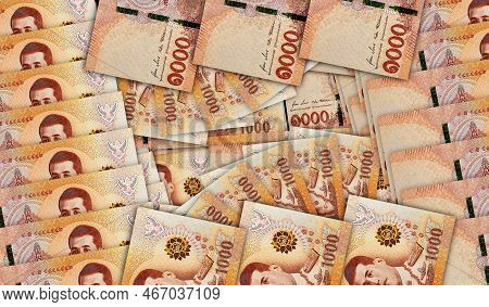 Thai Baht Banknotes In A Cash Fan Mosaic Pattern. Thailand 1000 Thb Notes. Abstract Concept Of Bank,