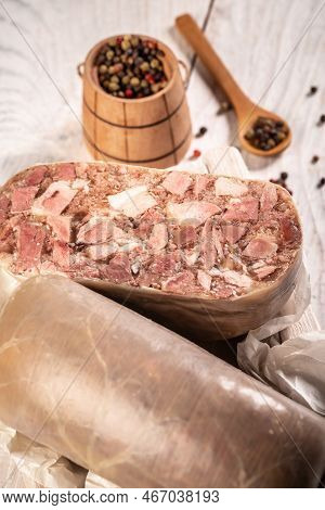 Meatloaf. Chunk Of Meat Product Saltison. Pork Homemade Headcheese. Natural Product From Organic Far