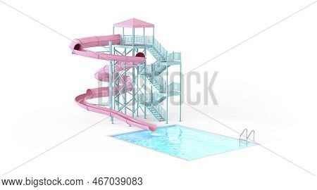 Blank Pink Waterslide With Swimming Pool Mockup, Isolated, 3d Rendering. Empty Summer Aquapark With 