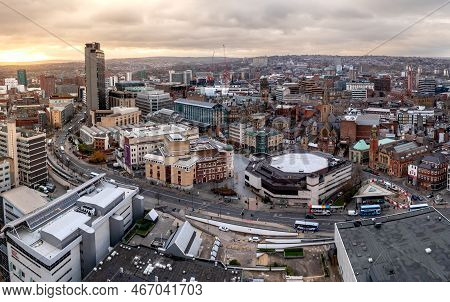 Sheffield, Uk - December 6, 2022.  An Aerial Panorama Of Sheffield City Centre Cityscape Skyline At 