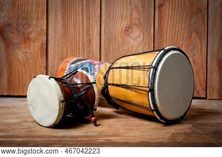 Damaru And Djembe Drums, Percussion And Musical Instruments.