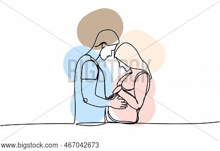 Couple In Love, Spouses, Pregnant Woman One Line Art With Colorful Elements. Continuous Line Drawing
