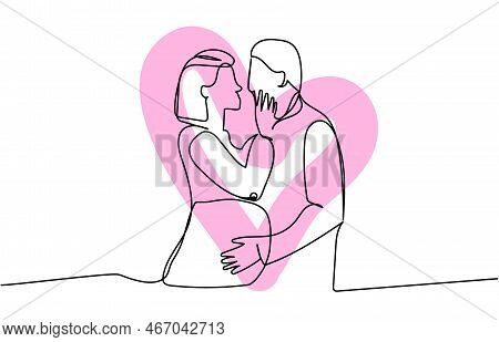 Loving Couple Hugging, Spouses, Pregnant Woman One Line Art With Colorful Elements. Continuous Line 
