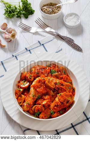 Chicken Chasseur, Hunter Chicken, Poulet Saute Chasseur, Chicken Stew With Mushrooms In Tomato Sauce