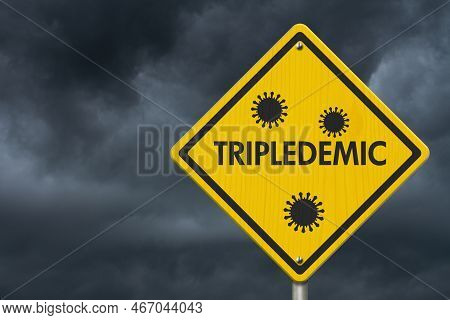 Tripledemic Message For Rsv, Covid-19 And Flu Yellow Warning Road Sign With Stormy Sky 3d Illustrati
