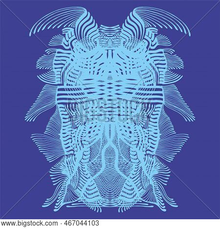 Abstract Decorative Beetle In Cyanotype Style, Outline Gently Cyan Color. Pattern Isolated On Blue B