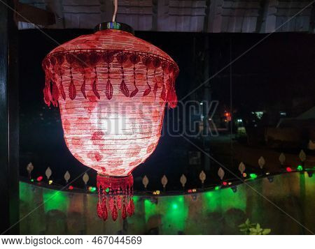 Stock Photo Of Beautiful Red Color Lantern Hanging At Front Yard Of The House, Colorful Decorative L