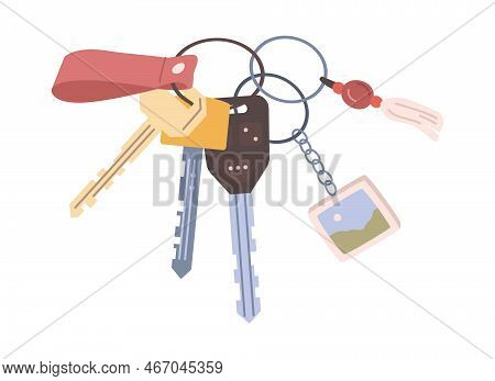 Door Key For Apartment Flat Cartoon Icon. Vector Illustration Of Keyrings, Apartment Keys With Keych