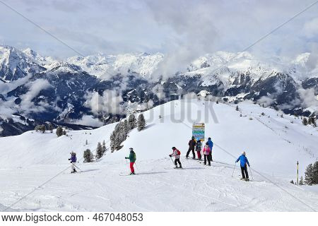 Zell Am Ziller, Austria - March 14, 2019: People Visit Zell Am Ziller Ski Resort In Tyrol Region, Au