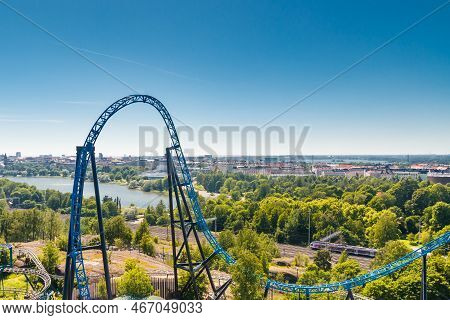 Helsinki, Finland - 24 June 2022: Top View Of Linnanmaki Amusement Park With Roller Coaster Taiga An