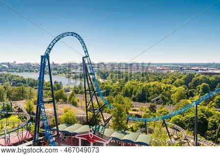 Helsinki, Finland - 24 June 2022: Top View Of Linnanmaki Amusement Park With Roller Coaster Taiga An