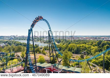 Helsinki, Finland - 24 June 2022: Top View Of Linnanmaki Amusement Park With Roller Coaster Taiga In