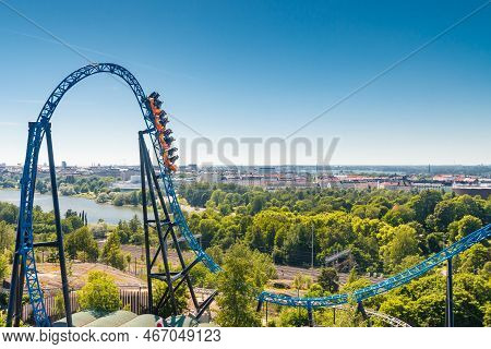 Helsinki, Finland - 24 June 2022: Top View Of Linnanmaki Amusement Park With Roller Coaster Taiga In