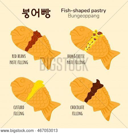 Korean Street Food Bungeoppang With Different Fillings Red Bean Paste, Custard, Chocolate, Ham And C