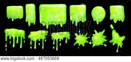 Slime Vector Frame Set, Green 3d Jelly Liquid Toxic Cartoon Dripping Mucus Halloween Splat Kit. Pois