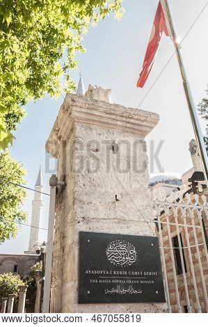 Istanbul, Turkey - May 22, 2022: Entrance Sign To Saint Sophia, In Istanbul, Turkey During A Sunny A