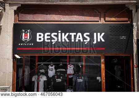 Istanbul, Turkey - May 21, 2022: Logo Of Besiktas Jk, One Of Istanbul Football Clubs, In Front Of Th