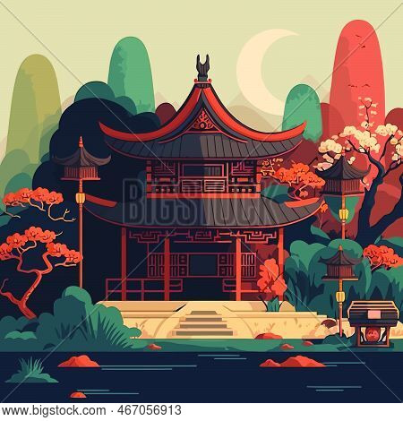 Illustration Of Asian Chinese Japan Temple Castle And Mountains Background