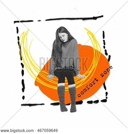Contemporary Art Collage. Conceptual Design. Young Girl Feeling Lonely And Depressed. Introvert Prob