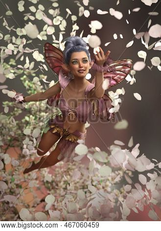 3d Computer Graphics Of A Flying Fairy Amidst Cherry Blossoms (not Ai Generated)