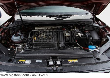 Moscow, Russia - January 22, 2022. Volkswagen Tiguan (ad1) 4motion Engine. Suv Car With Open Hood. C