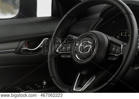Moscow, Russia - January 22, 2022. Mazda Cx5 (kf) Skyactive Steering Wheel Close Up View. Mazda Logo