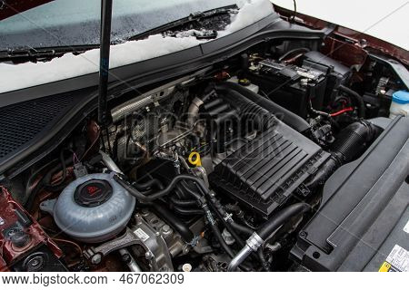 Moscow, Russia - January 22, 2022. Volkswagen Tiguan (ad1) 4motion Engine. Suv Car With Open Hood. C