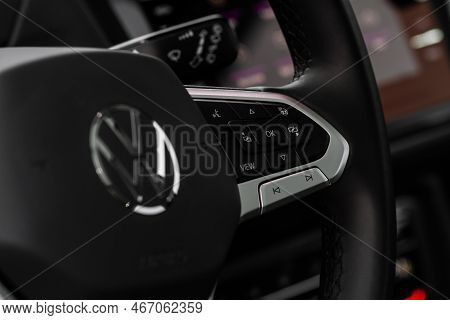 Moscow, Russia - January 22, 2022. Volkswagen Tiguan (ad1) Multiple Buttons On The Steering Wheel To