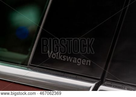 Moscow, Russia - January 22, 2022. Volkswagen Badge On The Car. Car Body Close Up View. Volkswagen N