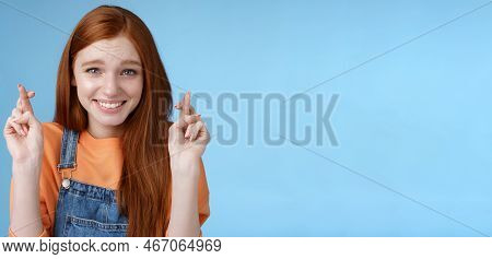 Silly Young Pretty Redhead Girl Blue Eyes Freckles Making Wish Cross Fingers Good Luck Smiling Hopef