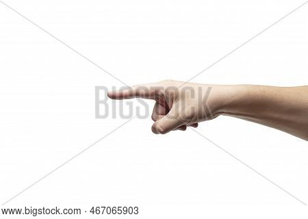 Hand Stretched Out Along The Camera Points With A Finger To The Side As A Symbol Of Direction, Close