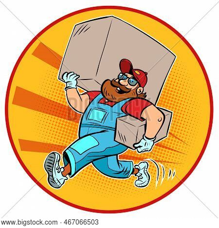 Man Delivery Courier, Loader. A Bearded Man With A Big Box. Shopping And Ordering Online Trading