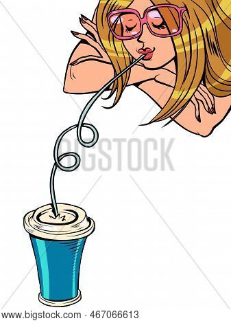A Woman Drinks A Drink Through A Straw Refreshing Drink. Cola Cocktail Or Juice