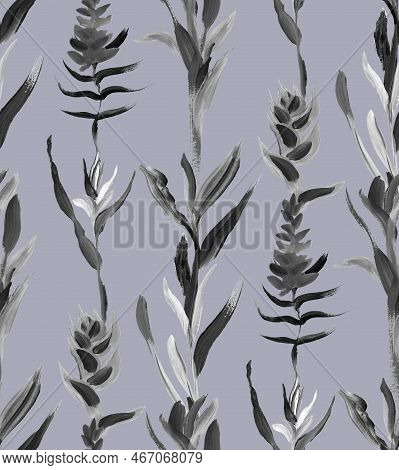 Monochrome Pattern With Vertical Tropical Flowers Painted In Drybrush Gouache For Textile